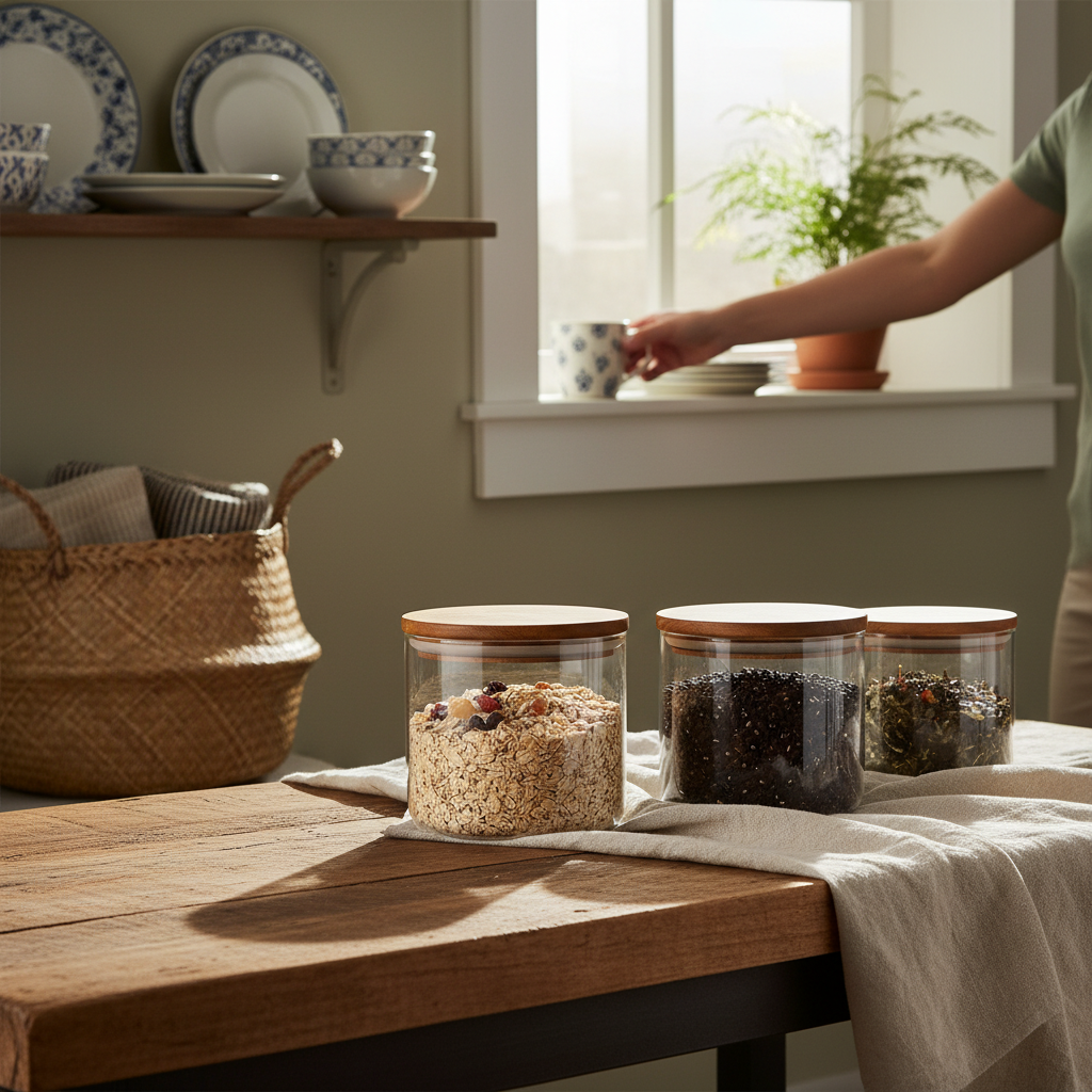 Enhance Kitchen Storage with Elegant Glass Wooden Lid Containers