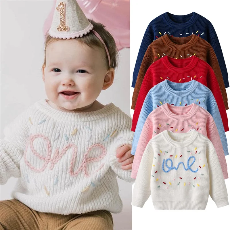 Toddler Girls Knit Sweater Strawberry Embroidered Long Sleeve Pullover Sweatshirt