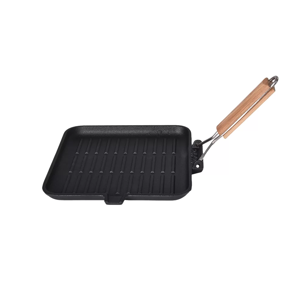 Cast Iron Grill Pan with Wooden Handle
