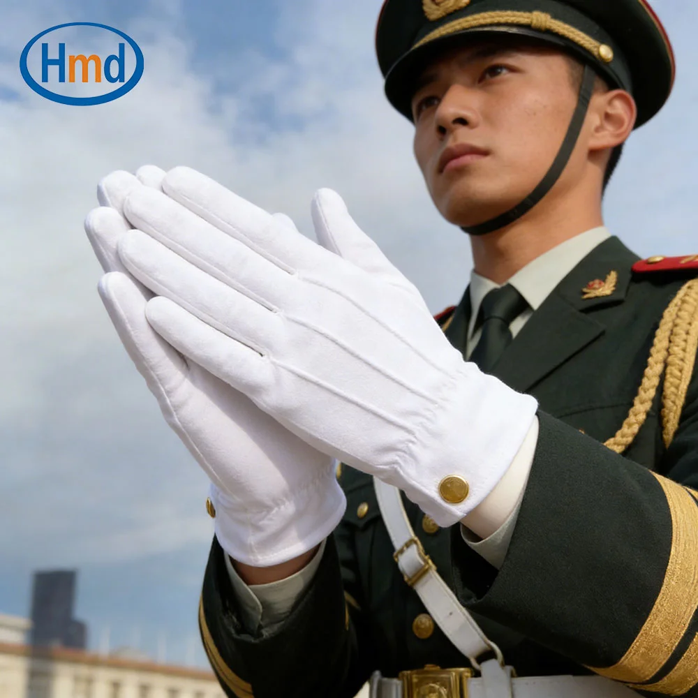 Gants professionnels en coton blanc à 3 côtes avec boucle en métal au poignet, durables et antidérapants pour les uniformes de la garde d’honneur et les événements de cérémonie