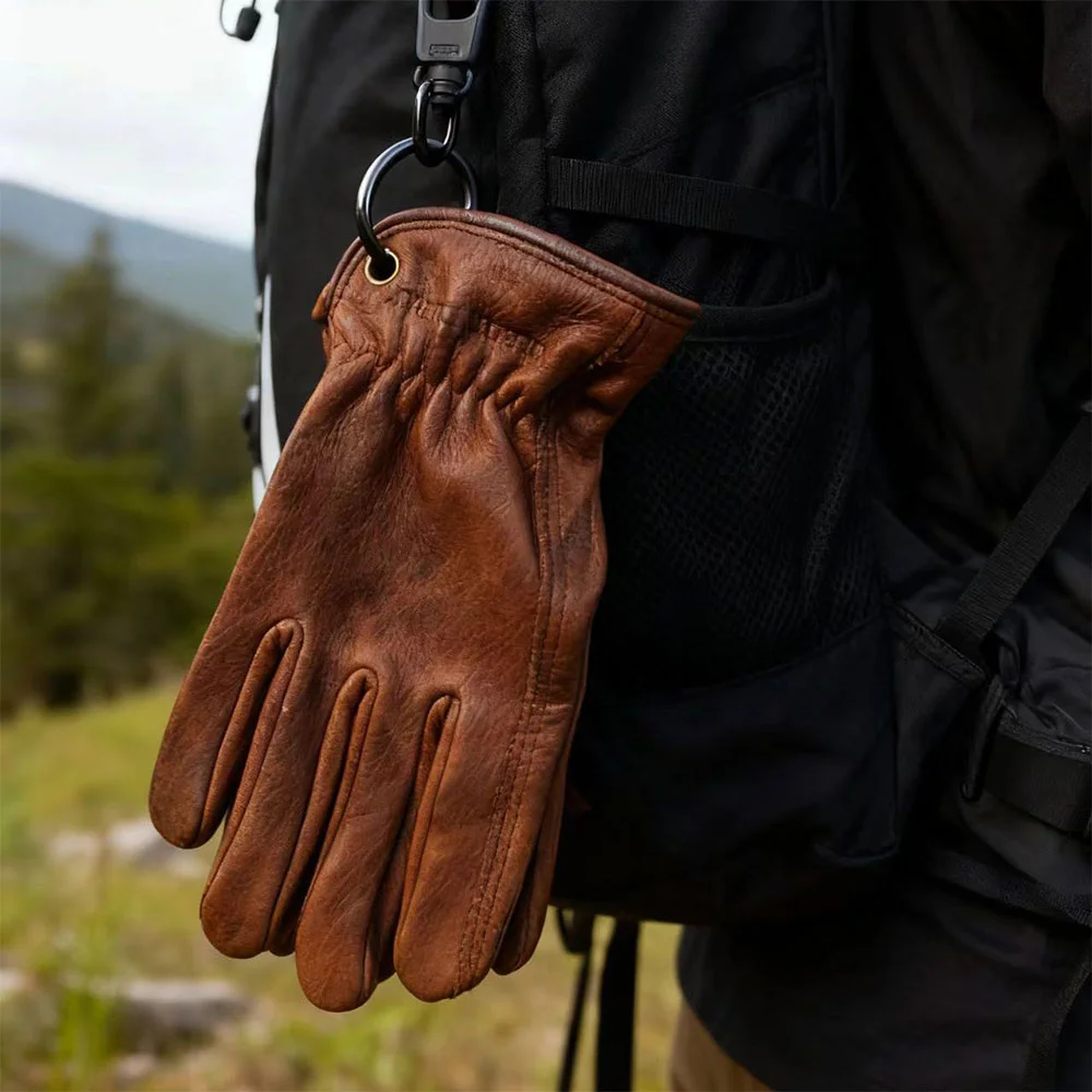 Vintage Brown Full Grain Cowhide Work Gloves, Reinforced Palm, With Eyelet, For Gardening, Riding, BBQ & Construction Use