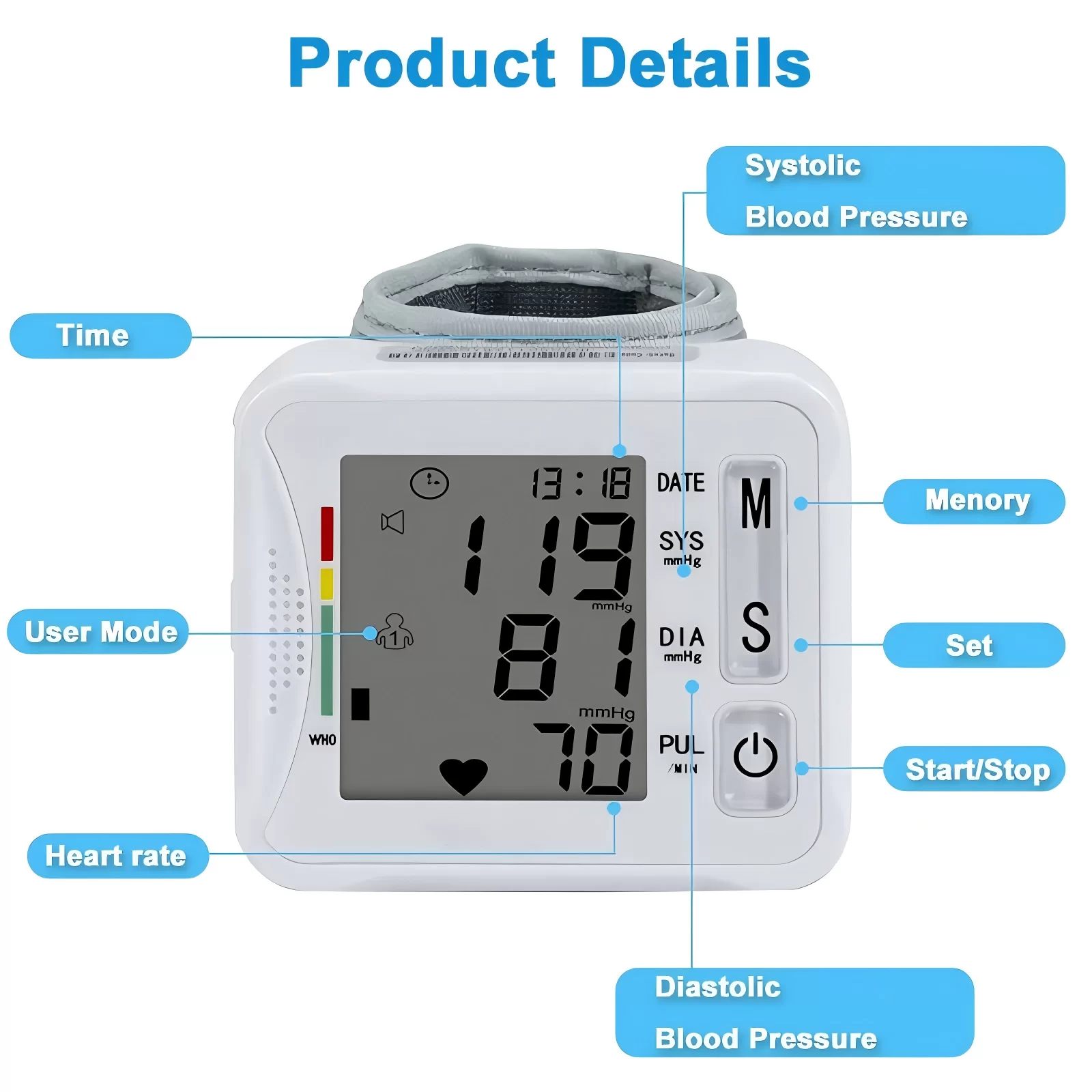 Monitor Tekanan Darah Pergelangan Tangan Cerdas Portabel