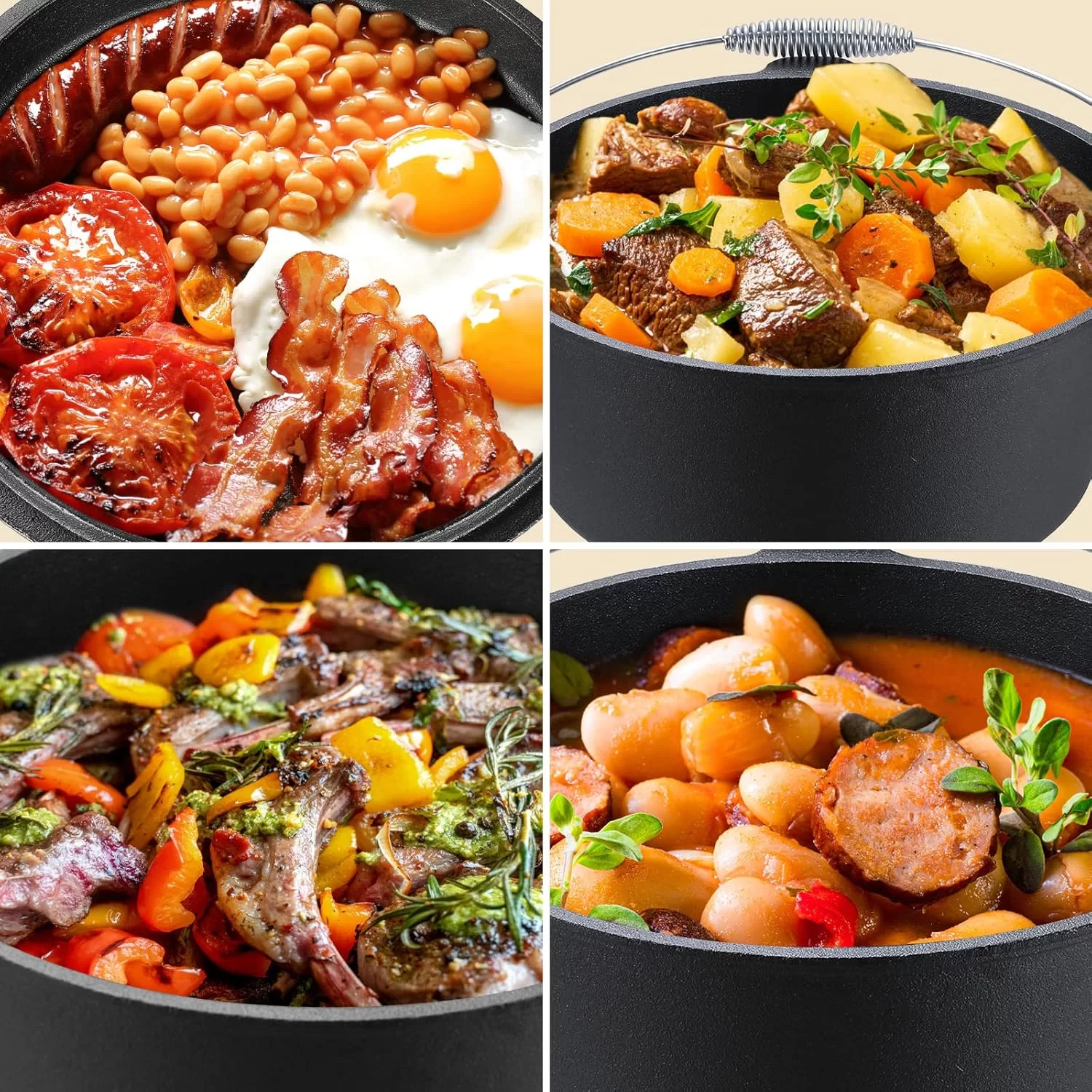 12 Quart Dökme Demir Hollandalı Fırın, Kapak Kaldırma Kolu ve Standı