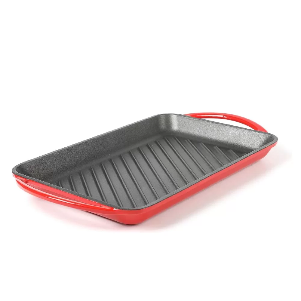 Enameled Cast Iron Rectangular Grill Pan With Double Loop Handles