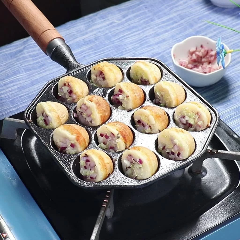 Bandeja dinamarquesa de Aebleskiver do ferro fundido de 14 furos com punho destacável