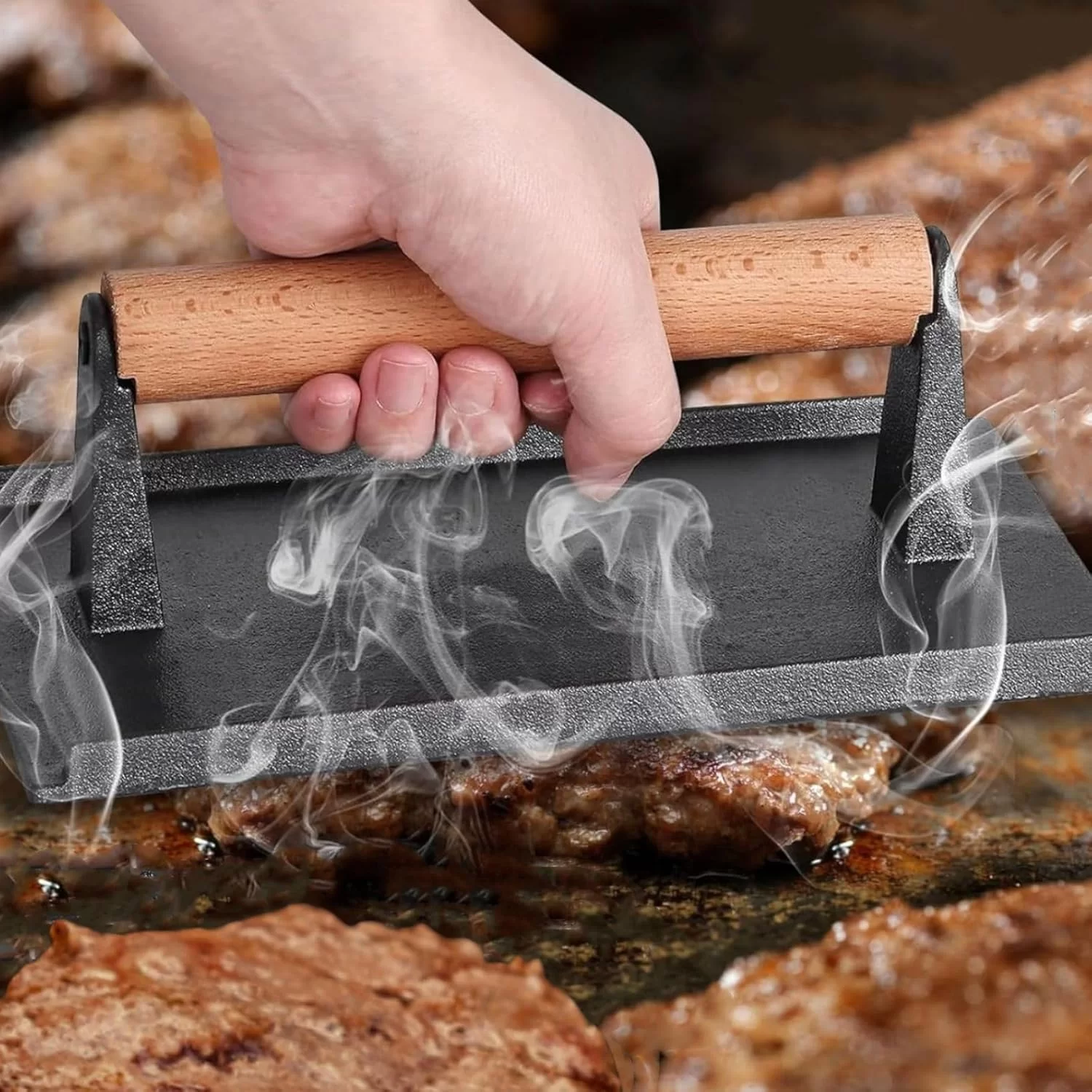 ਕਾਸਟ ਆਇਰਨ ਆਇਤਕਾਰ ਬਰਗਰ ਪ੍ਰੈਸ ਲੱਕੜ ਦੇ ਹੈਂਡਲ ਨਾਲ