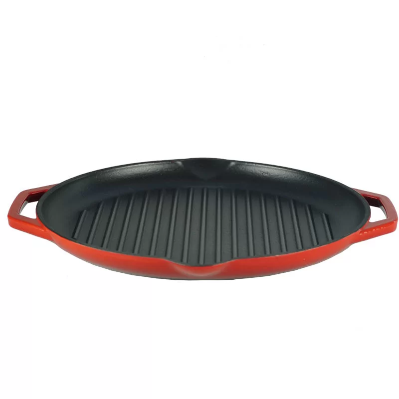 12 pulgada na pulang ePangalanl coated cast iron griddle na may dobleng hawakan