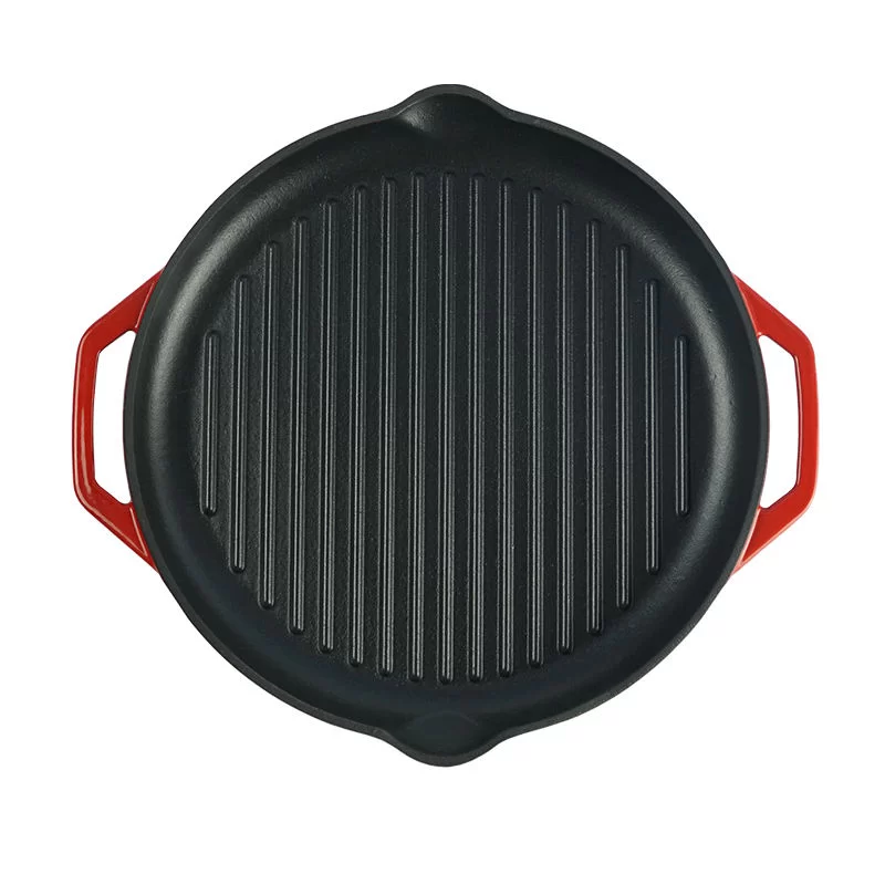 12 pulgada na pulang ePangalanl coated cast iron griddle na may dobleng hawakan