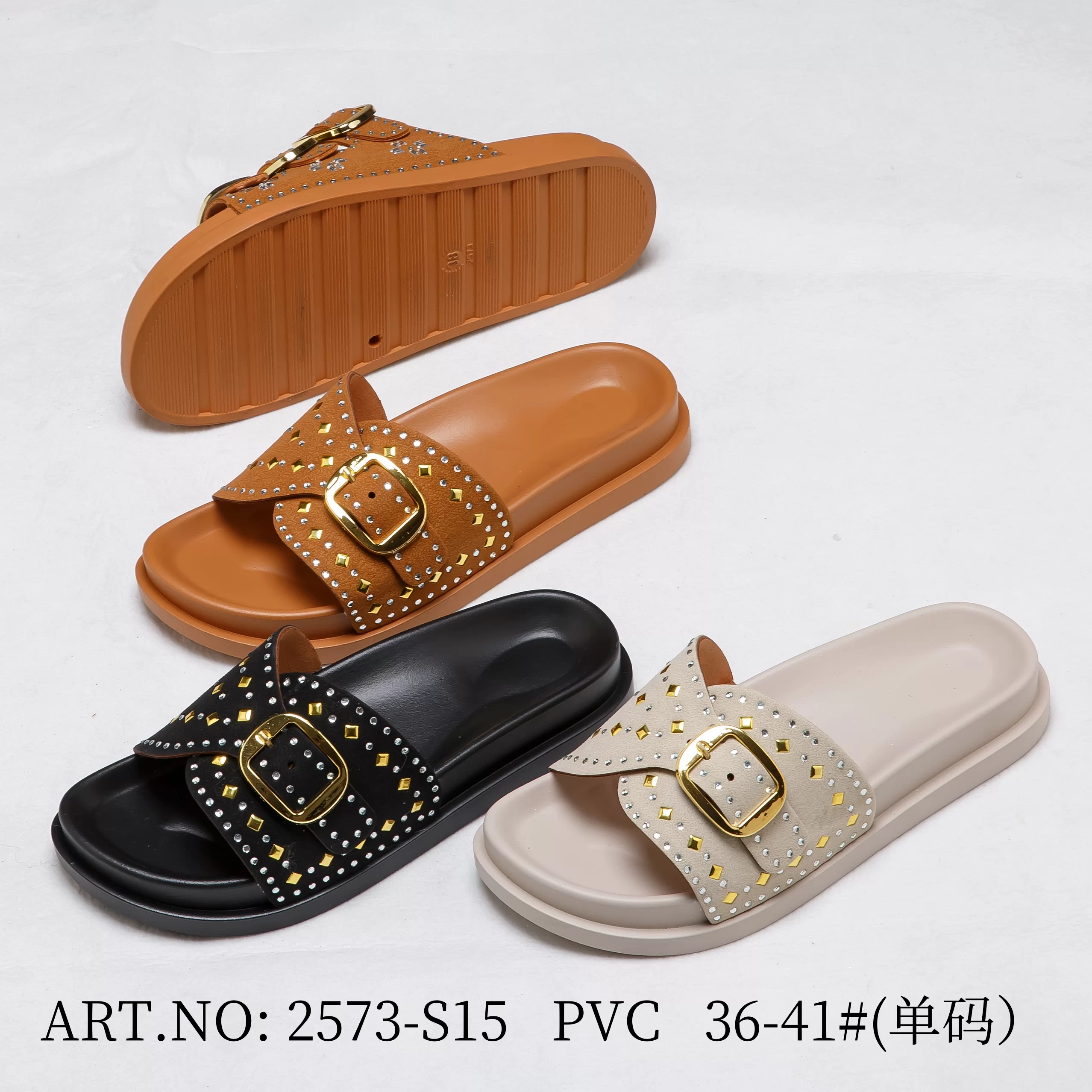 Women’s Studded & Buckle Accent Flat Slides – PVC Summer Sandals