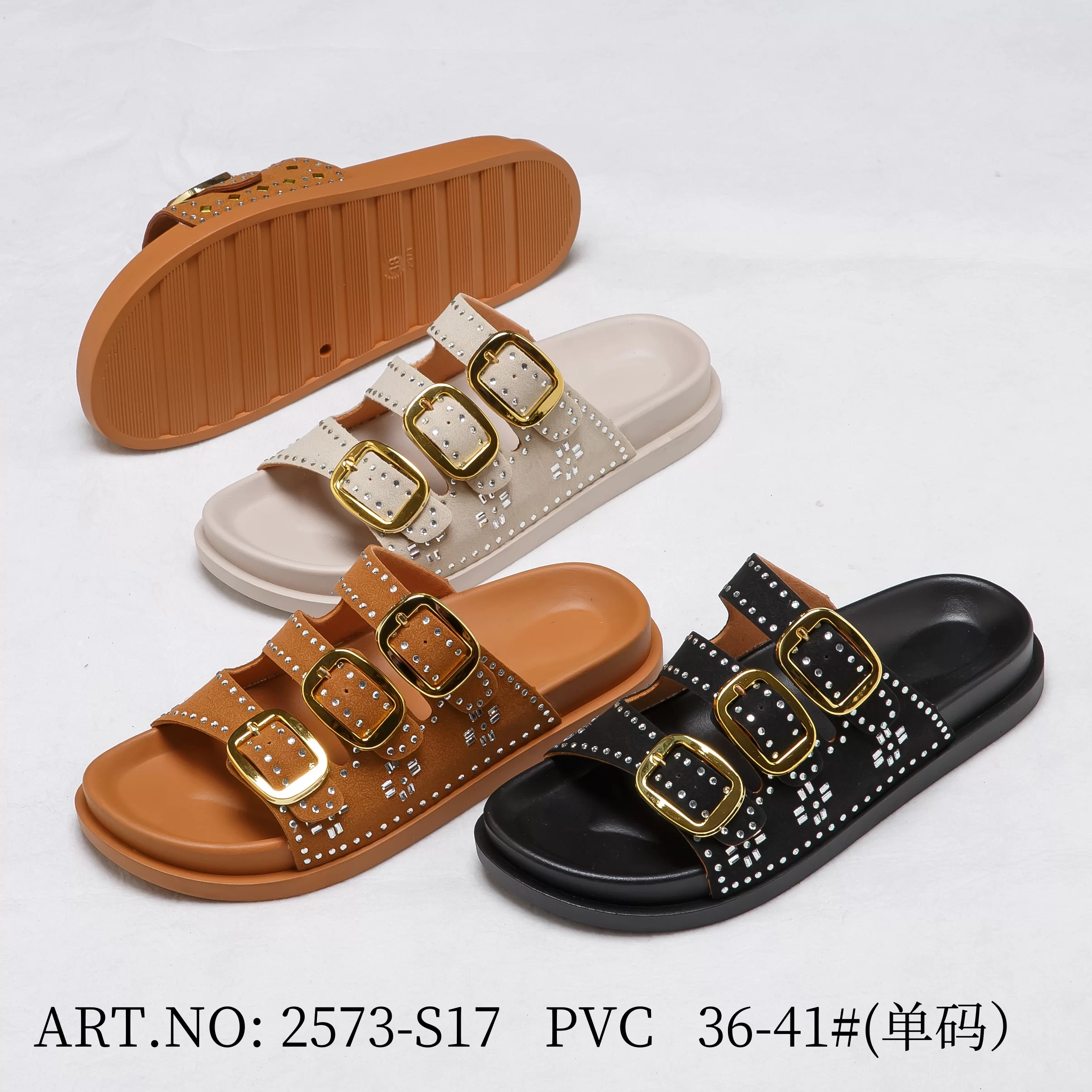 Women’s Triple-Strap Studded Flat Slides – PVC Summer Sandals