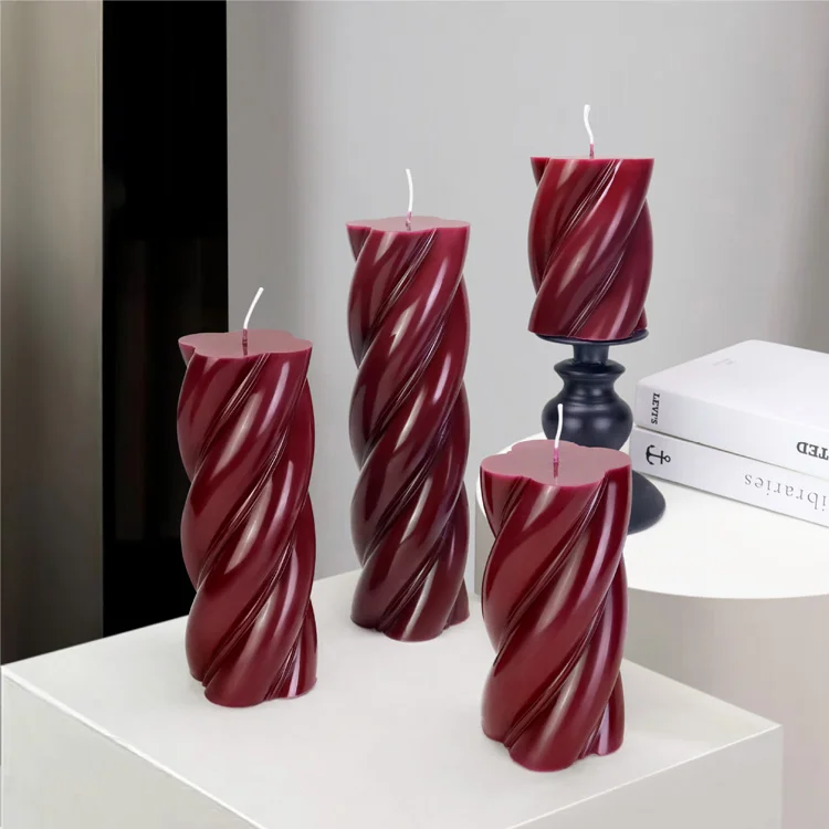 Burgundy Twisted Spiral Pillar Candles Decorative Multiple Sizes Unscented Wax Candle for Home & Weddings