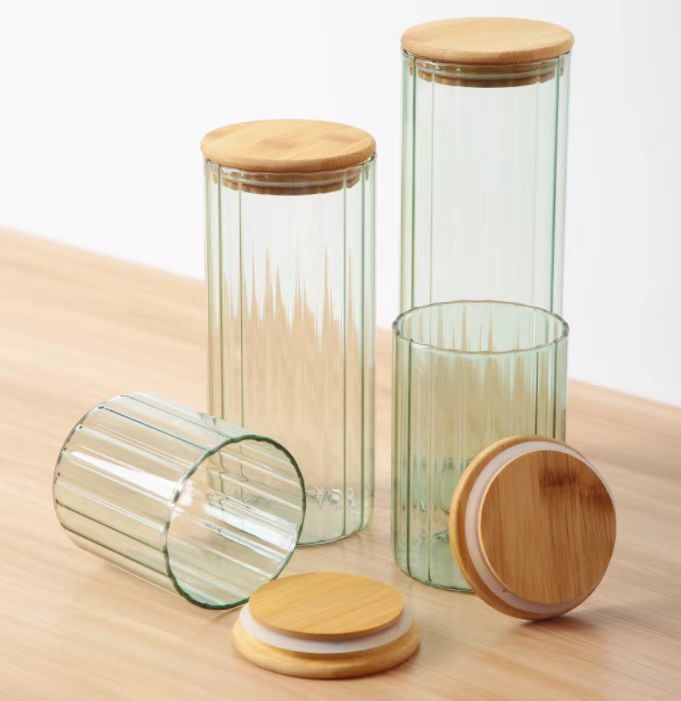 Borosilicate Glass Canister with Bamboo Lid Color Sprayed Stripe Design