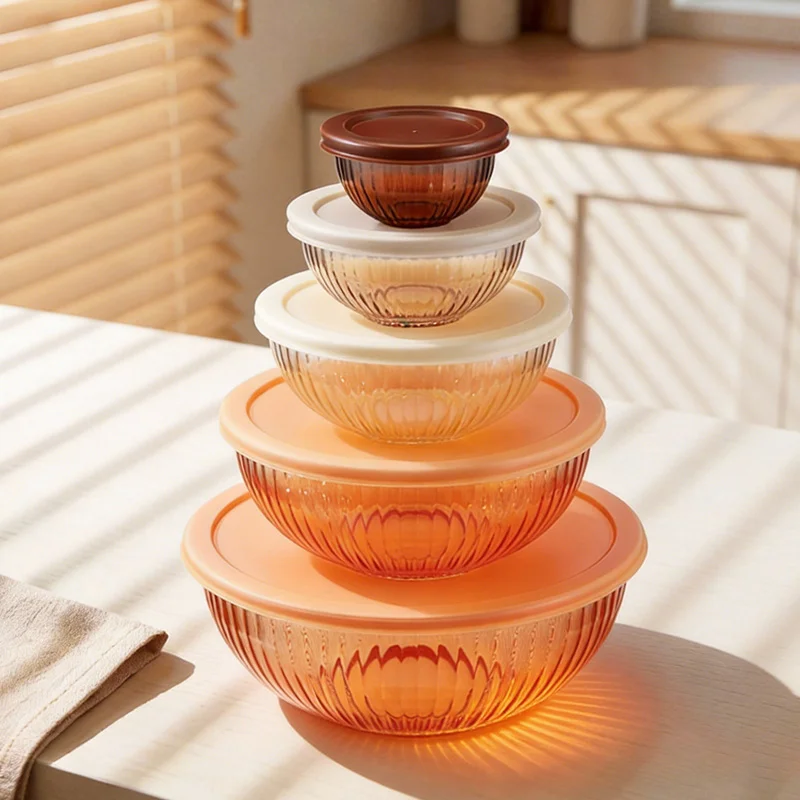 IKOO BPA-Free Meal Prep Stackable Space Saving Nesting Ribbed Glass Mixing Bowls