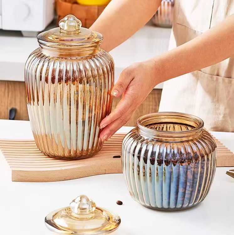IKOO Ribbed Glass Canister and Fermentation Jar for Food Storage with Airtight Lid