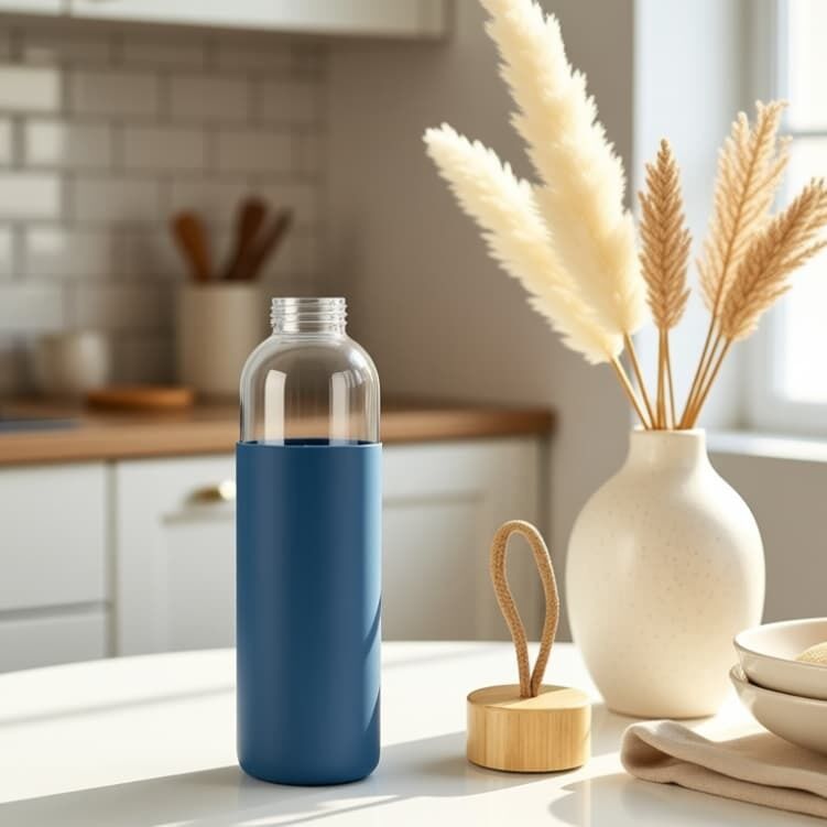IKOO 600ml Borosilicate Glass Water Bottle with Bamboo Lid and Protective Silicone Sleeve