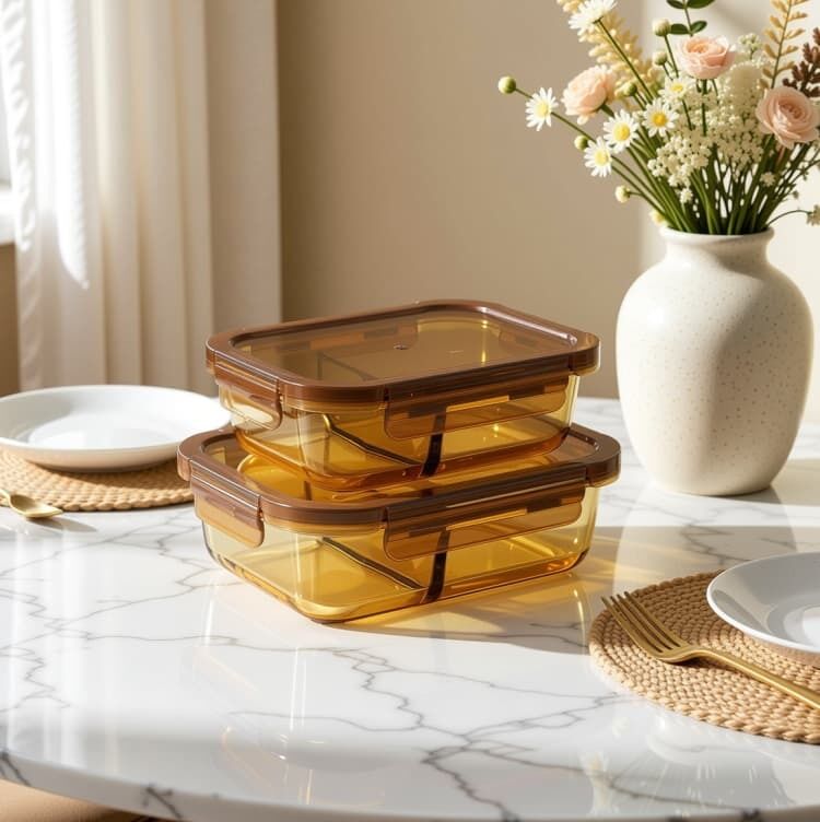 IKOO Amber Color Glass Lunch Box with Compartments Exporters 
