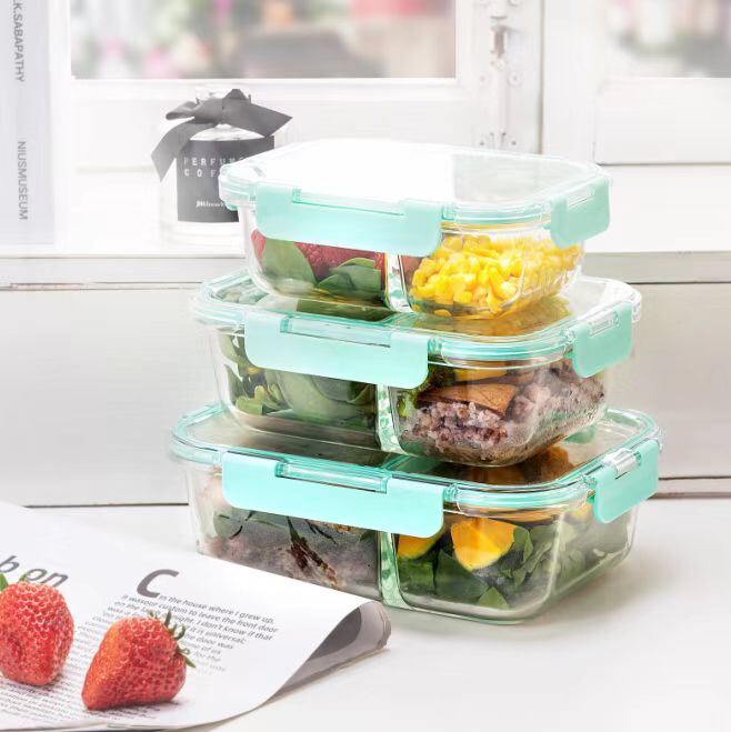 Glass Meal Prep Containers 2 Compartments Portion Control with Upgraded Snap Locking Lids