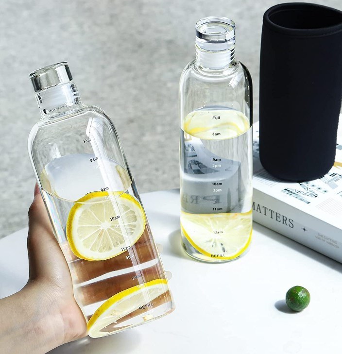 IKOO Borosilicate Glass Water Bottle with Leak-proof Airtight Lid and Time Marker Reminder