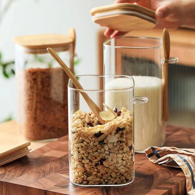 IKOO Multifunction Modern Kitchen Glass Canister with Bamboo Lid and Spoon