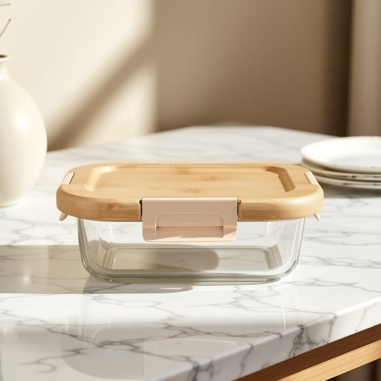 IKOO Oven Safe Glass Food Container with Bamboo Lids and Cool Lock