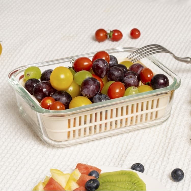 IKOO Stackable Airtight Glass Food Container with 1050ml Capacity and Removable Drain Basket