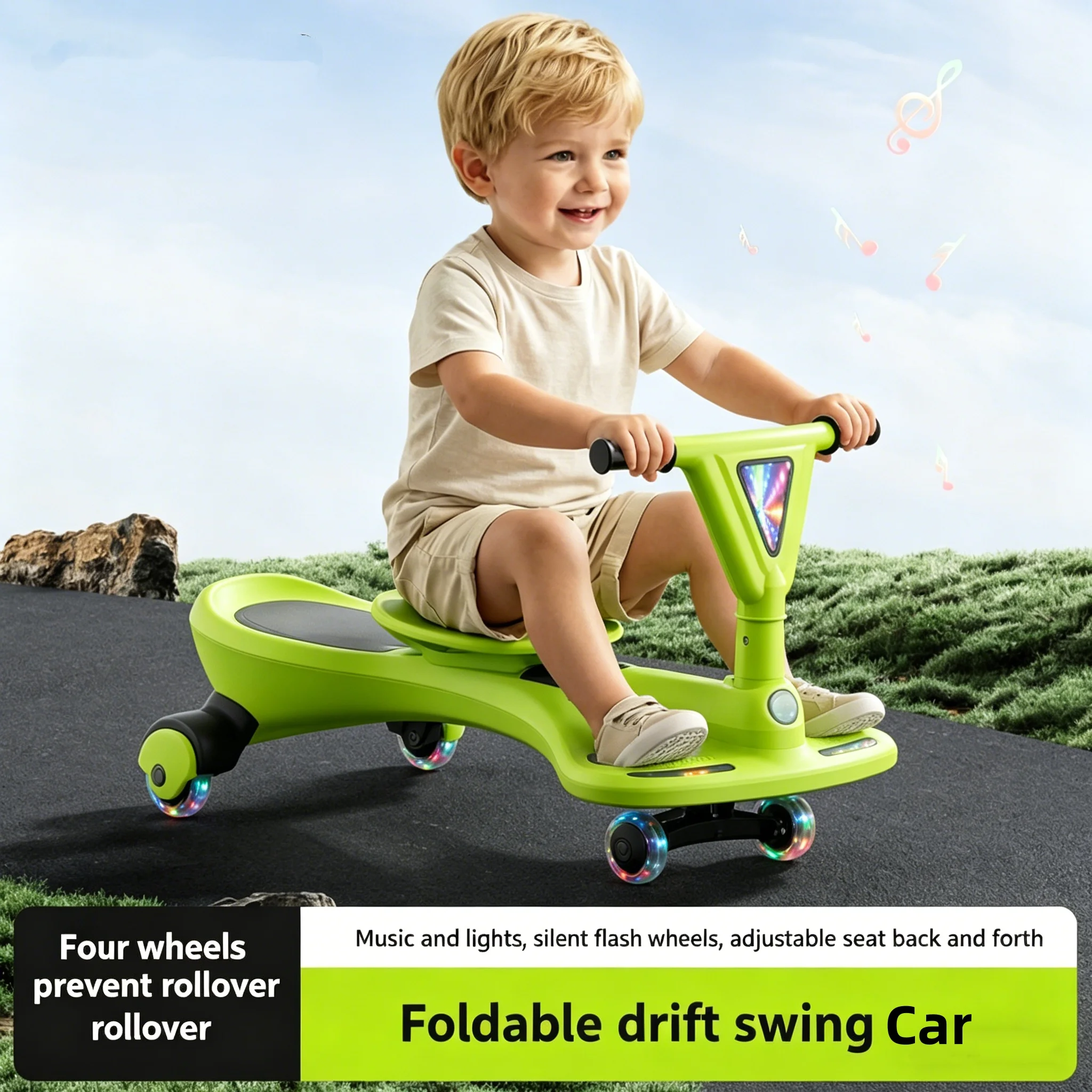 Silent 4-Wheel Steering Belt Push Handle Swing Scooter Gear Multi-Functional Electric Kids’ Swing Cars for Girls